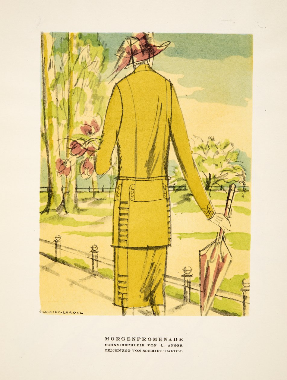 "Morgenpromenade", L. Anger ruházati reklámja, Styl, 1922-es kiadás (pochoir nyomtatás) alkotó: German School