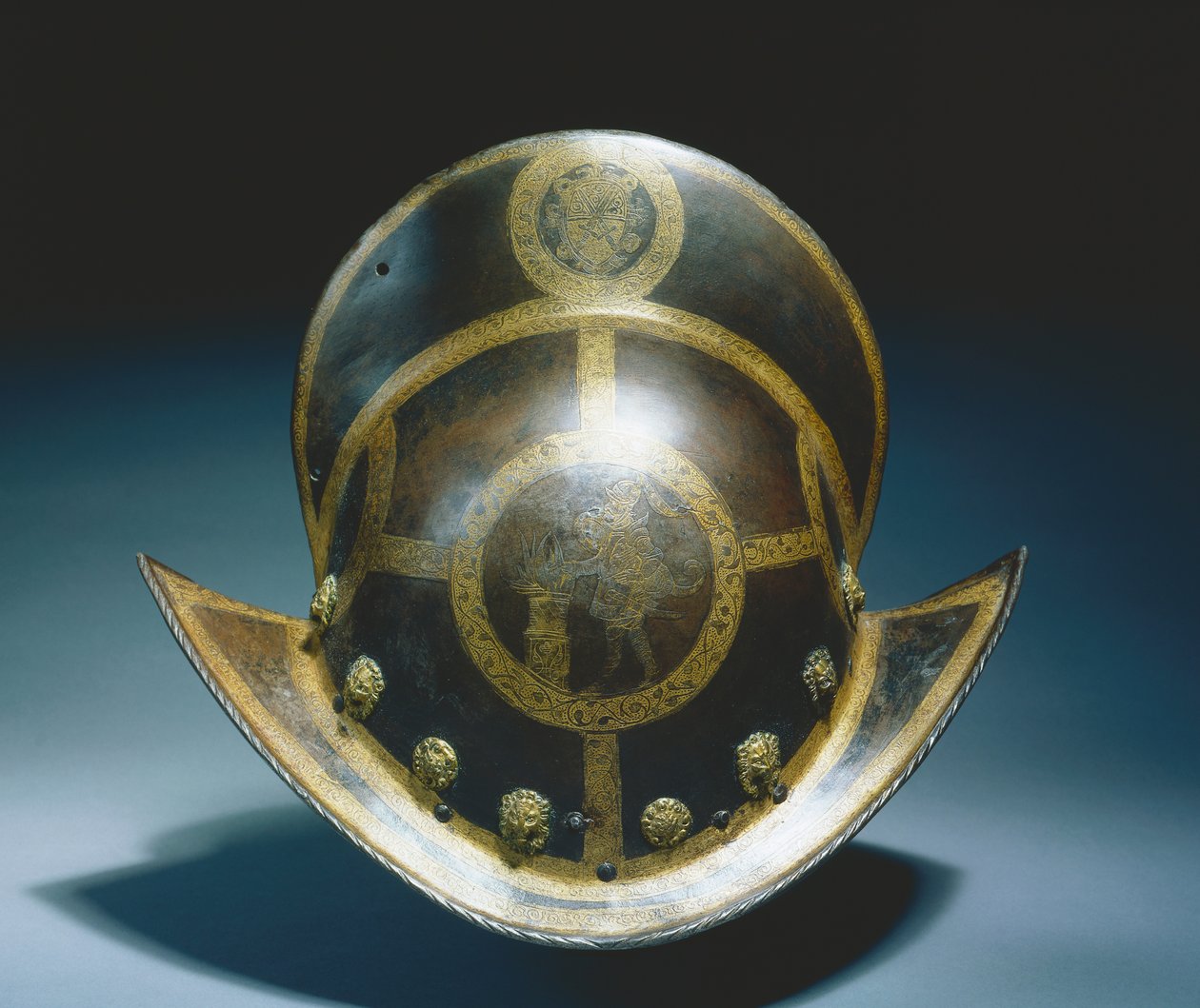 Morion, I. Keresztény szász választófejedelem Állami Gárdája, Nürnberg, 1580-91 körül (maratott és aranyozott rozsdaszín acél) alkotó: German School