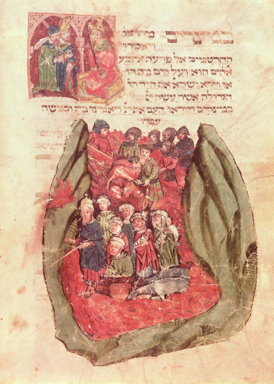 Mózes átvezeti Izrael gyermekeit a Vörös-tengeren egy zsidó imakönyvből, Hamburg, 1427 (kézirat) alkotó: German School