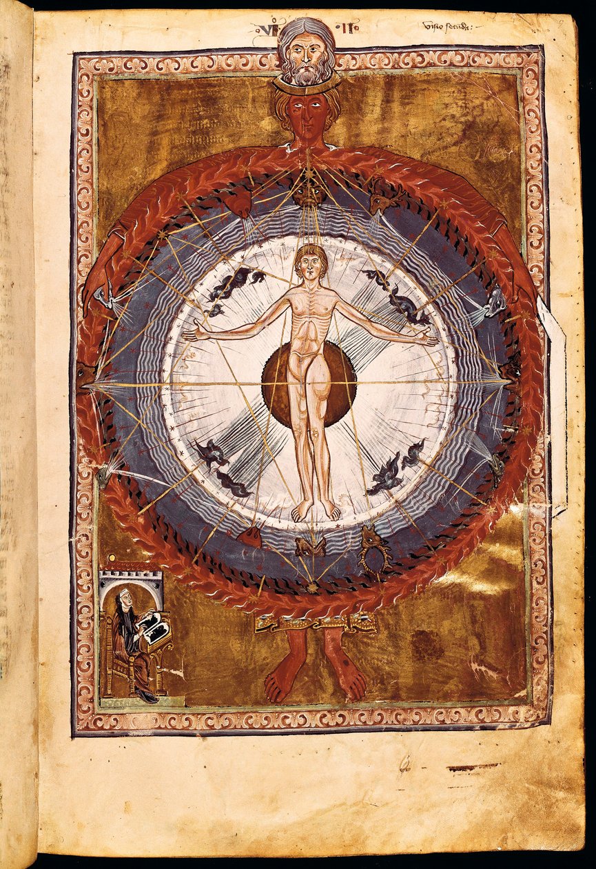 Ms 1942 A kozmikus szférák és az emberi lény, Bingeni Hildegard látomása a "Liber Divinorum Operumból", 1220-30 körül alkotó: German School