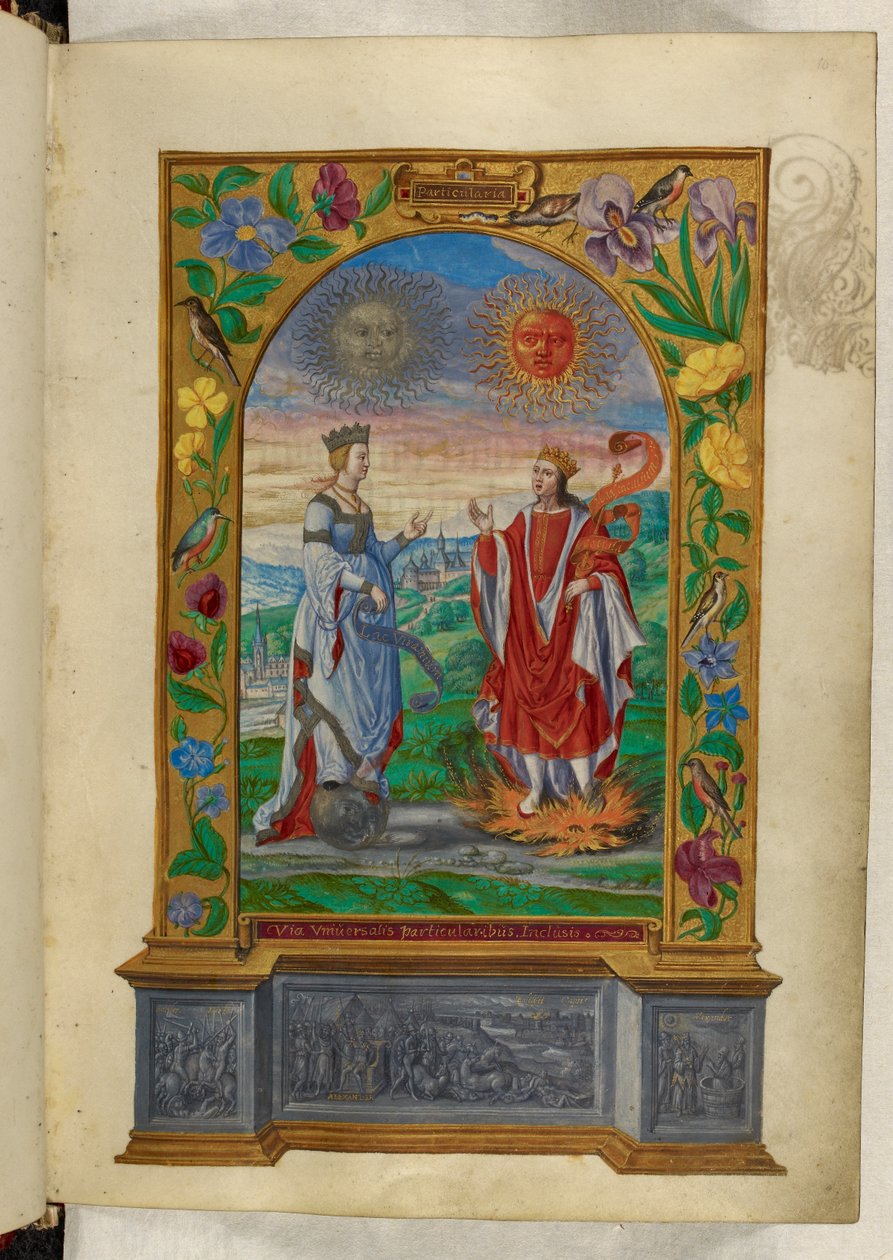 Ms Harley 3469 f.10 Miniatűr egy királyról és királynőről tekercsekkel, Salomon Trismosin „Splendor Solis” című művéből alkotó: German School