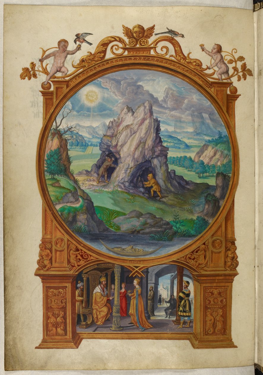 Ms Harley 3469, f.13v Alkimisták arany után kutatva, az első példázat Salomon Trismosin „Splendor Solis” című művéből alkotó: German School