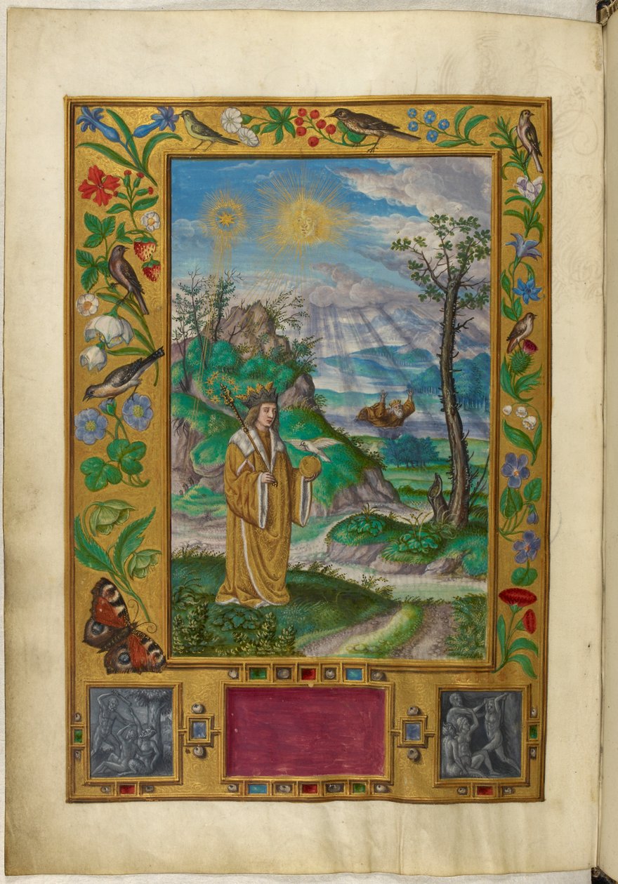 Ms Harley 3469, f.16v Crowned figure with sceptre and ball, Third Parable, from 