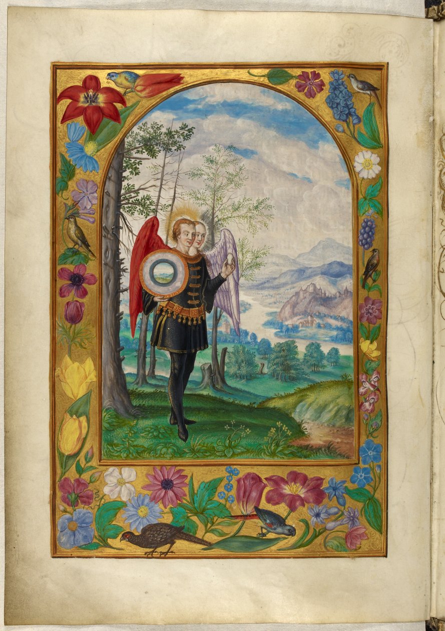 Ms Harley 3469, f.19v Kétfejű szárnyas figura, az ötödik példázat, Salomon Trismosin „Splendor Solis” című művéből alkotó: German School