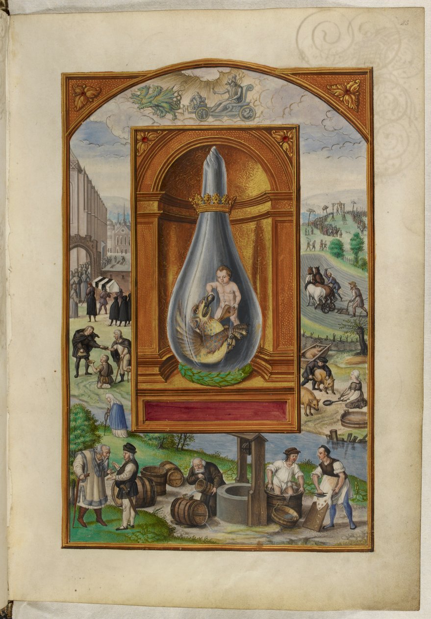 Ms Harley 3469, f.23 Gyermek és sárkány lombikban, Negyedik traktátus, Salomon Trismosin „Splendor Solis” című művéből alkotó: German School