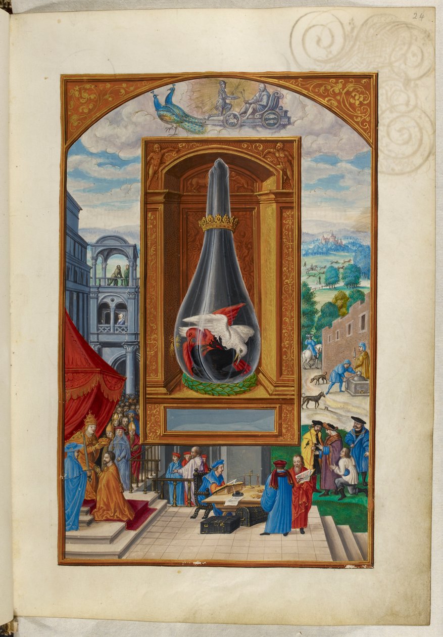 Ms Harley 3469, f.24 Három lombikban harcoló madár, a Negyedik traktátus, Salomon Trismosin „Splendor Solis” című művéből alkotó: German School