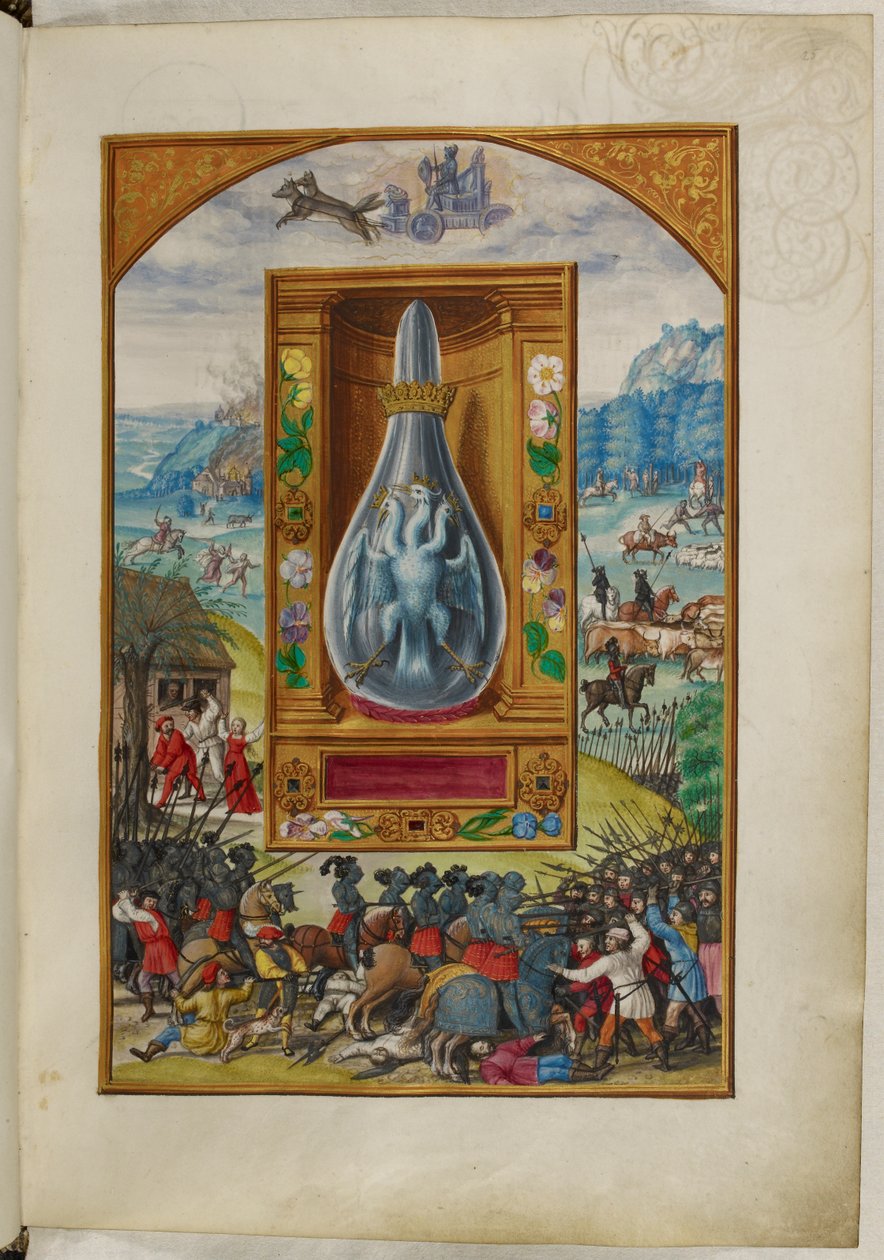 Ms Harley 3469, f.25 Háromfejű madár lombikban, Negyedik traktátus, Salomon Trismosin „Splendor Solis” című művéből alkotó: German School