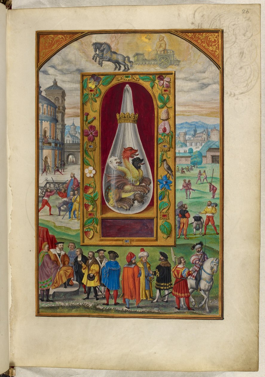 Ms Harley 3469, f.26 Háromfejű sárkány lombikban, Negyedik traktátus, Salomon Trismosin „Splendor Solis” című művéből alkotó: German School