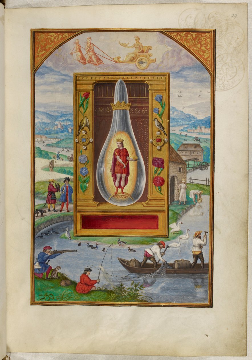 Ms Harley 3469, f.29 Fiatal király lombikban, Negyedik traktátus, Salomon Trismosin „Splendor Solis”-jából alkotó: German School