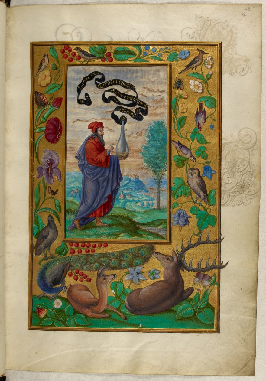 Ms Harley 3469, f.2 Filozófus lombikkal, az Első traktátus, Salomon Trismosin „Splendor Solis” című művéből alkotó: German School