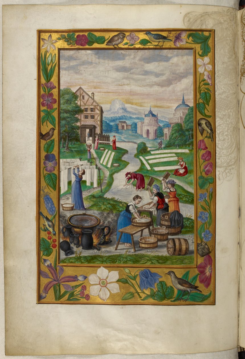 Ms Harley 3469, f.32v Mosással foglalkozó nők, Salomon Trismosin „Splendor Solis” című ötödik traktátusa alkotó: German School