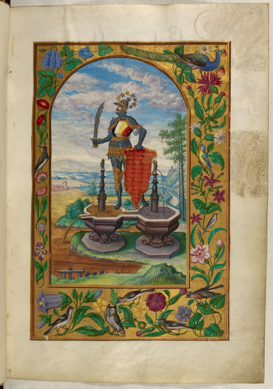 Ms Harley 3469, f.7 Szökőkutakon álló lovag, Második traktátus, Salomon Trismosin Splendor Solis című művéből alkotó: German School