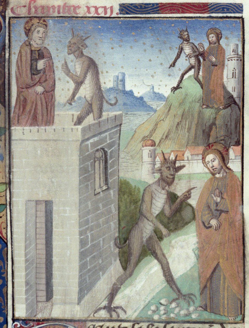 Ms Hunter 36 f.110r A kísértés három jelenete, Vita Christiből, Ludolf Szász, 1300-7778 körül alkotó: German School