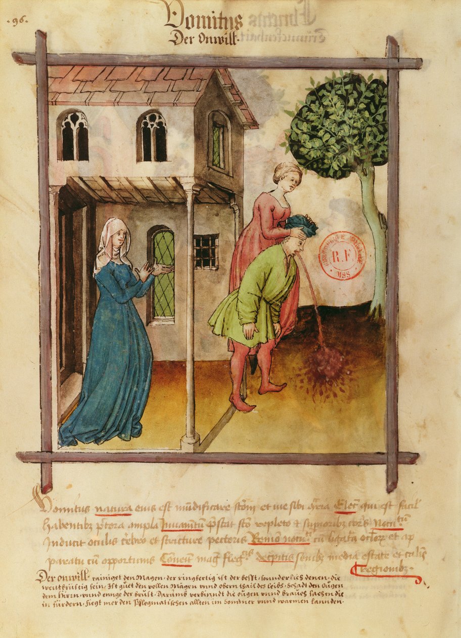 Ms Lat 9333 fol.96v férfi hányás, a Tacuinum Sanitatis cégtől alkotó: German School