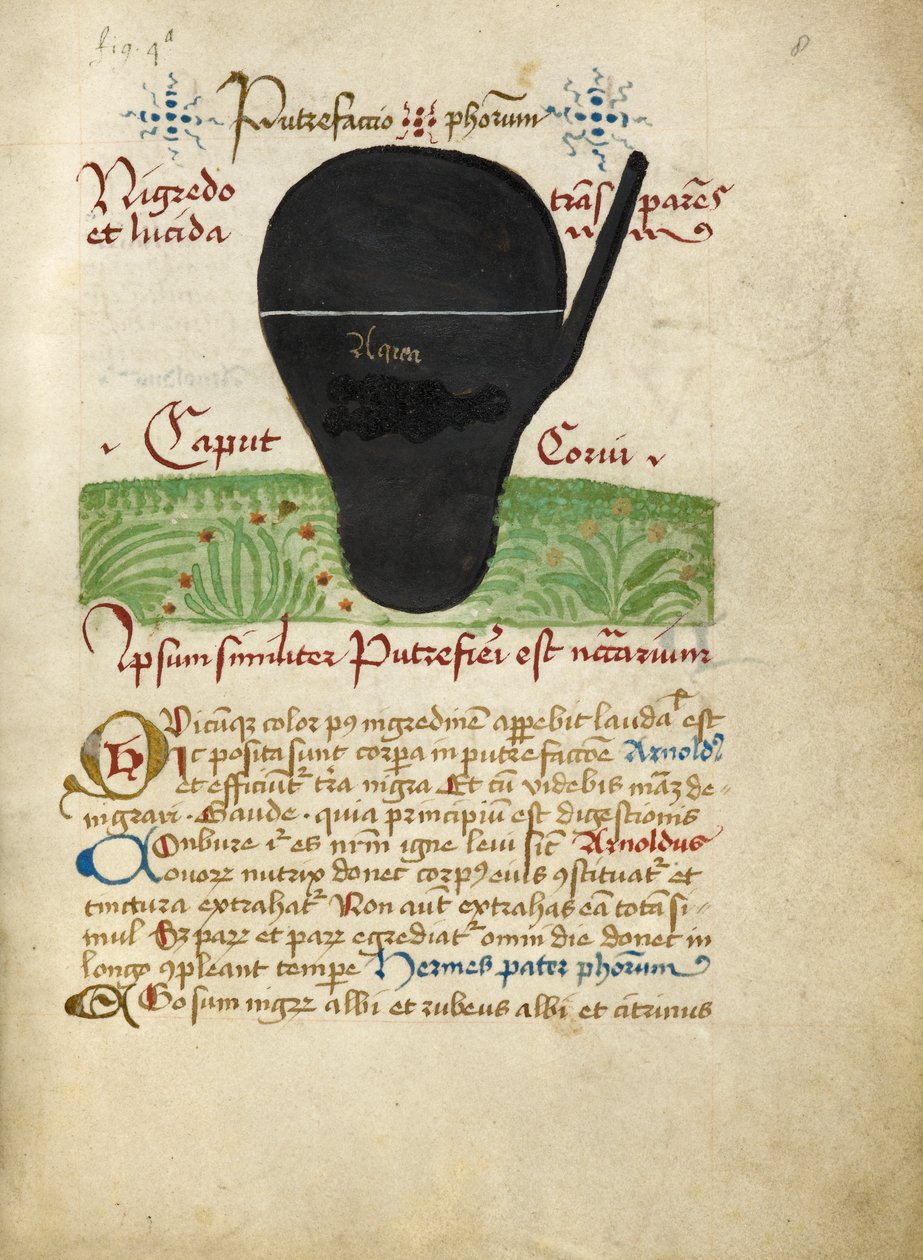 Ms Sloane 2560, f.8 az Alchemical Treatisesből, 15. század vége (vellum) alkotó: German School