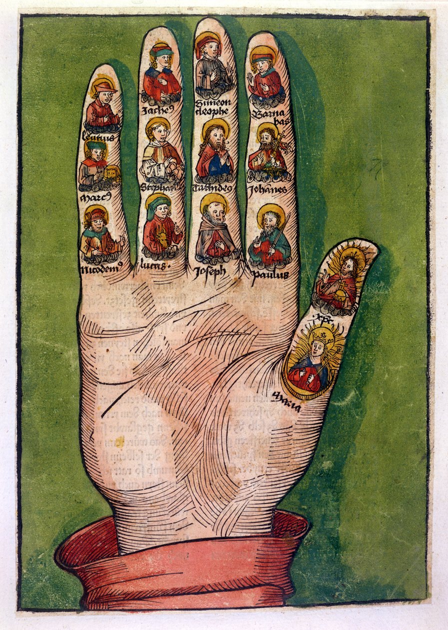Svéd Bridget misztikus keze Krisztust, Szűz Máriát, apostolokat és másokat ábrázol, 1491 (kézzel színezett metszet) alkotó: German School