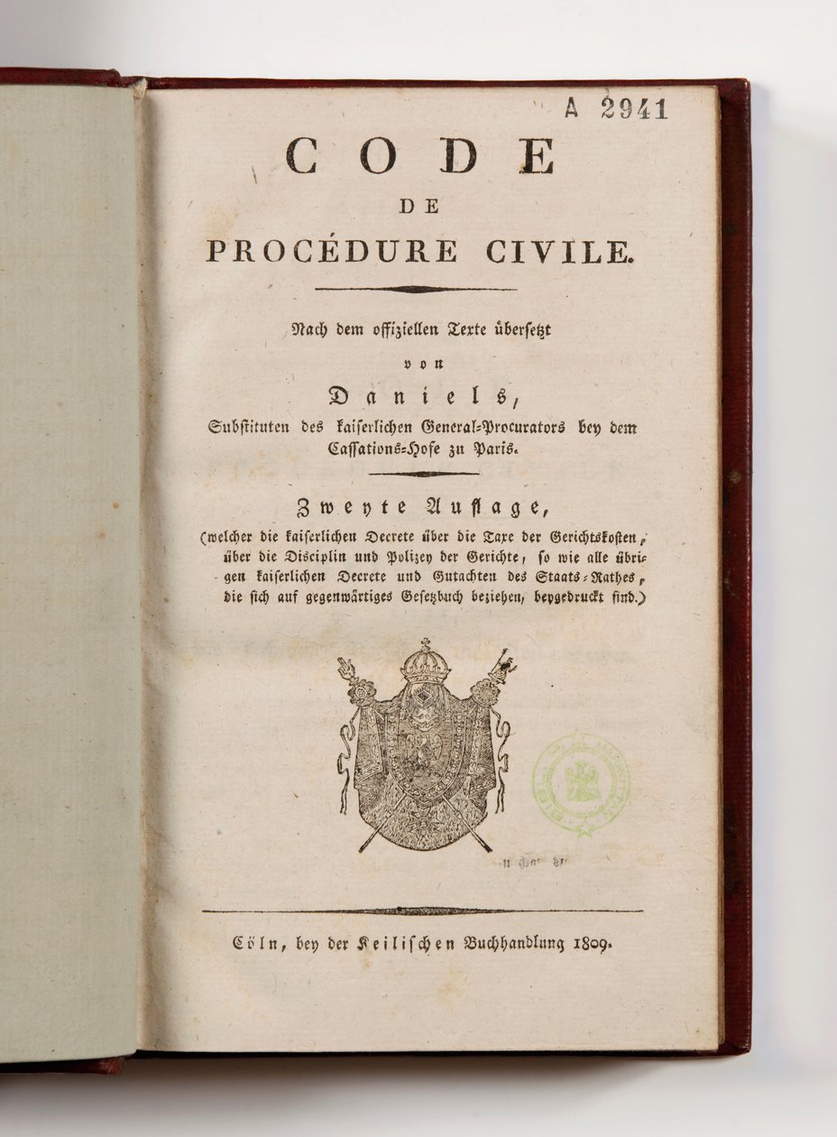 Napóleoni polgári perrendtartás a Rajna bal partja francia megyéire, megnyitva a címoldalon, Koln, 1809 (nyomtatott papír) alkotó: German School