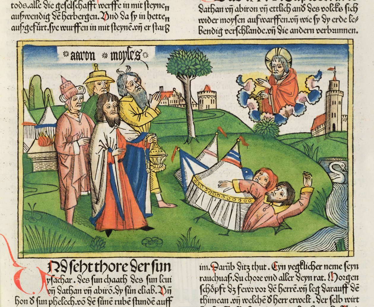 16 32 A Föld elnyeli a lázadókat, Dátánt és Abiramot, a Nürnbergi Bibliából (Biblia Sacra Germanaica) (színes fametszet) alkotó: German School