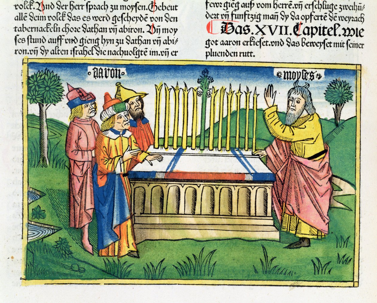 17. szám 1-11 Áron-bot virágzik az oltáron, a Nürnbergi Bibliából (Biblia Sacra Germanaica) (színes fametszet) alkotó: German School