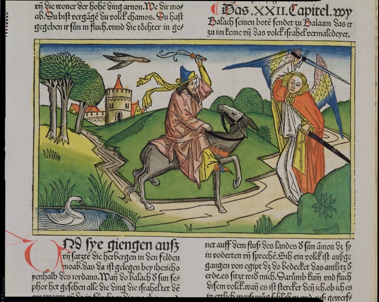 22. szám 20-35 Bálám beszélő szamár, a Nürnbergi Bibliából (Biblia Sacra Germanaica) (színes fametszet) alkotó: German School