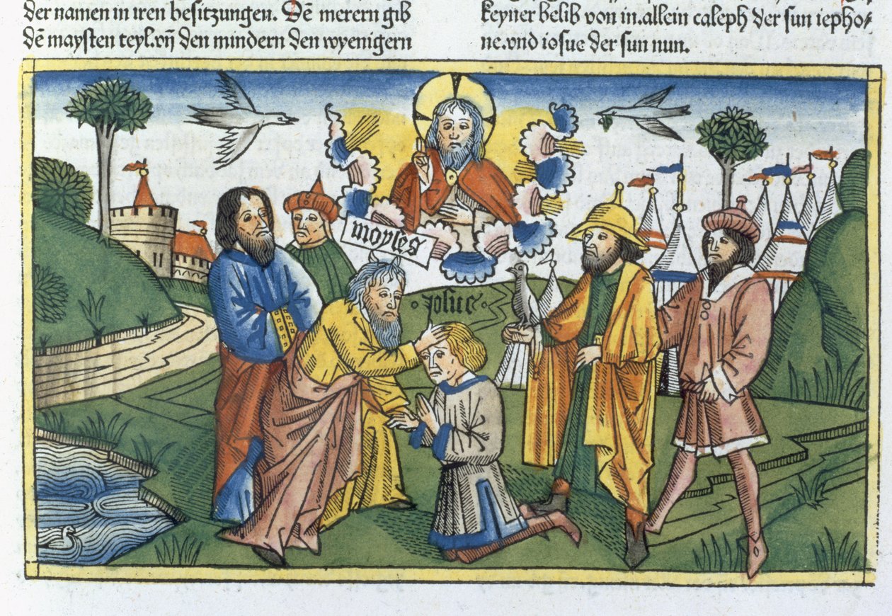 4. szám 27 18-23 Mózes Joshuára teszi a kezét, a Nürnbergi Bibliából (Biblia Sacra Germanaica) (színes fametszet) alkotó: German School