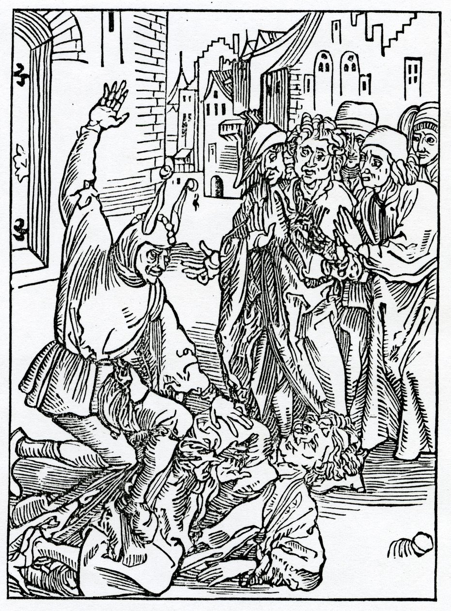 Az amyte és a frendshyp brekynge és hurtynge illusztrációja Alexander Barclay angol fordításából, a Bolondok Hajójából, egy 1874-ben megjelent kiadásból alkotó: German School