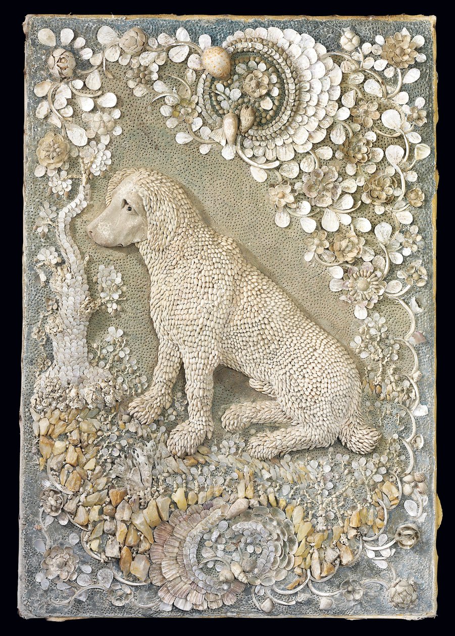 XV. Lajos ülő kutyapár egyike, domborműben, barlangszerű környezetben (kagyló, korall, kvarc és színes gesso) (lásd még: 375094) alkotó: German School