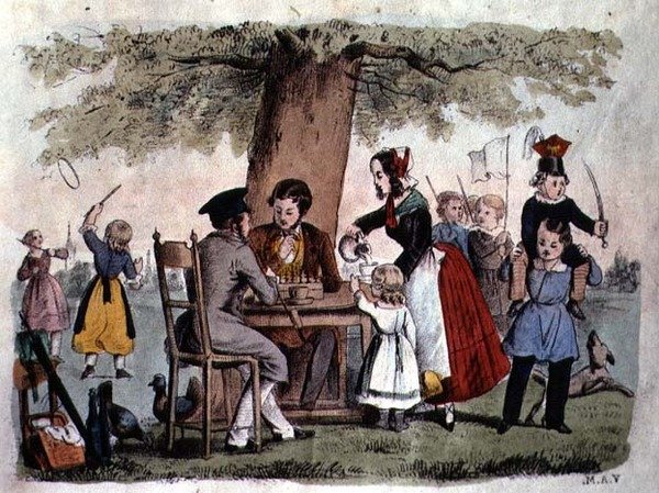 Szabadtéri játékok, Németország, 1860 körül (színes metszet) alkotó: German School