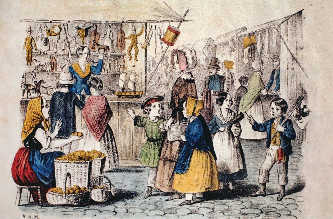 Szabadtéri piac Németországban, 1860 körül (színes gravírozás) alkotó: German School