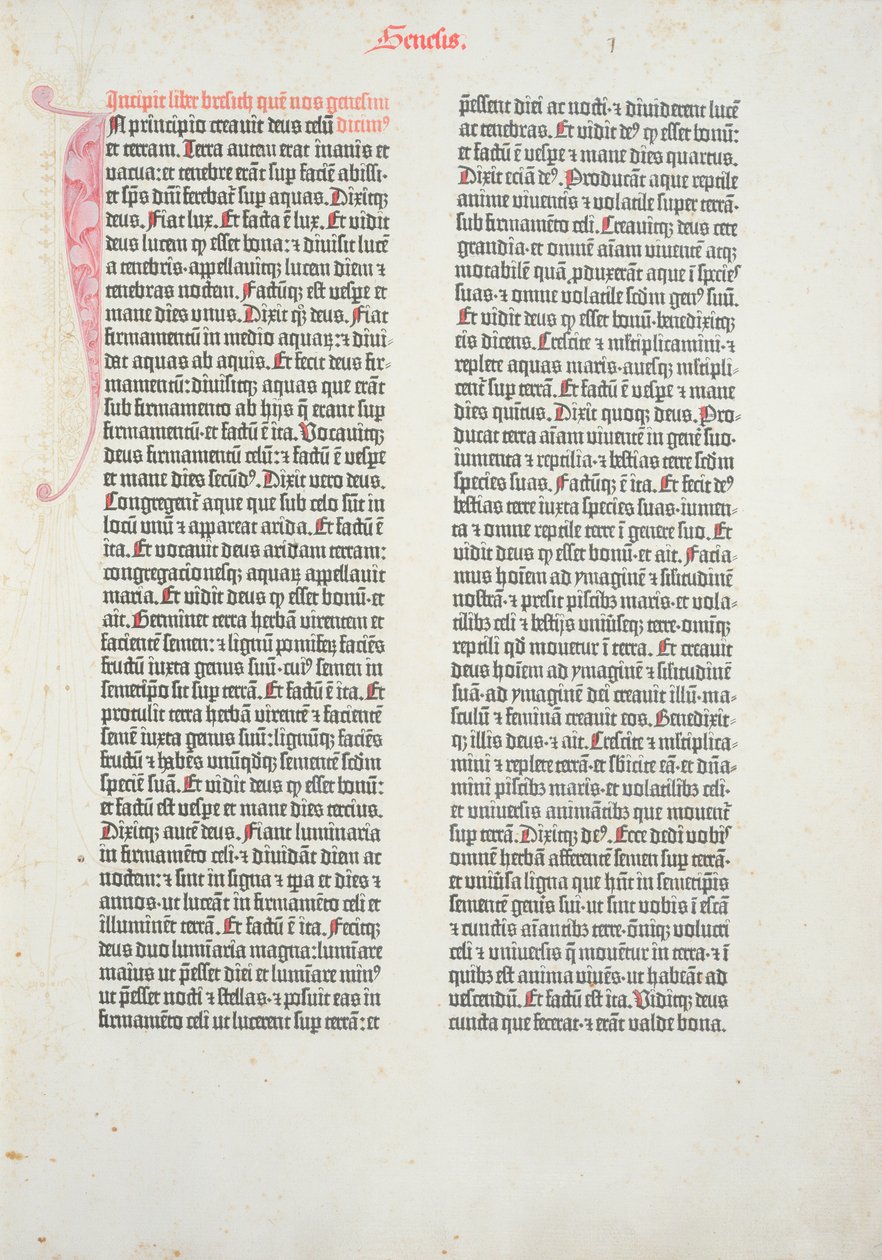 Johannes Gutenberg (1400-1468 körül) és Peter Schoeffer (1425-1502) Mainzban, 1454-56 (nyomtatott papír) által a Gutenberg-bibliából származó Genezis könyvének nyitóoldala alkotó: German School