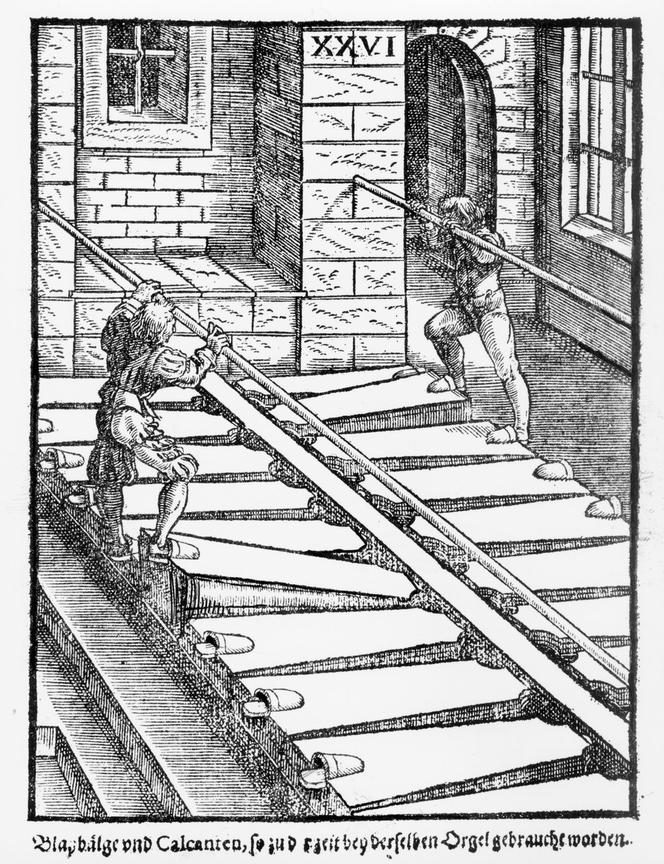 Orgona fújtatók a halberstadti katedrálisban, a Praetorius Syntagma Musicum, kocsma. 1619-ben alkotó: German School
