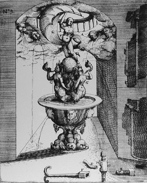 Díszítő szökőkút, az „Architectura Curiosa Nova”, Georg Andreas Bockler (1617-85), 1704-ben megjelent (metszet) (f/w fotó) alkotó: German School