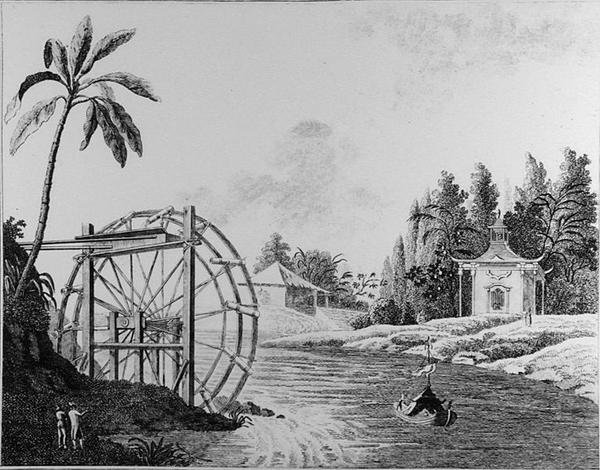 Díszítő vízikerék kínai pavilonnal és vitorlás hajóval, a "Legutóbbi új ötletek a kerthez" című könyvből, 1779-ben megjelent (metszet) (f/w fotó) alkotó: German School
