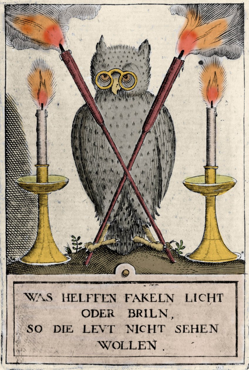 Bagoly szemüveggel, a bölcsesség szimbóluma. Az „Amphitheatrum sapientiae aeternae” metszete. (Az örök bölcsesség amfiteátruma) (Hamburg: n.n. alkotó: German School