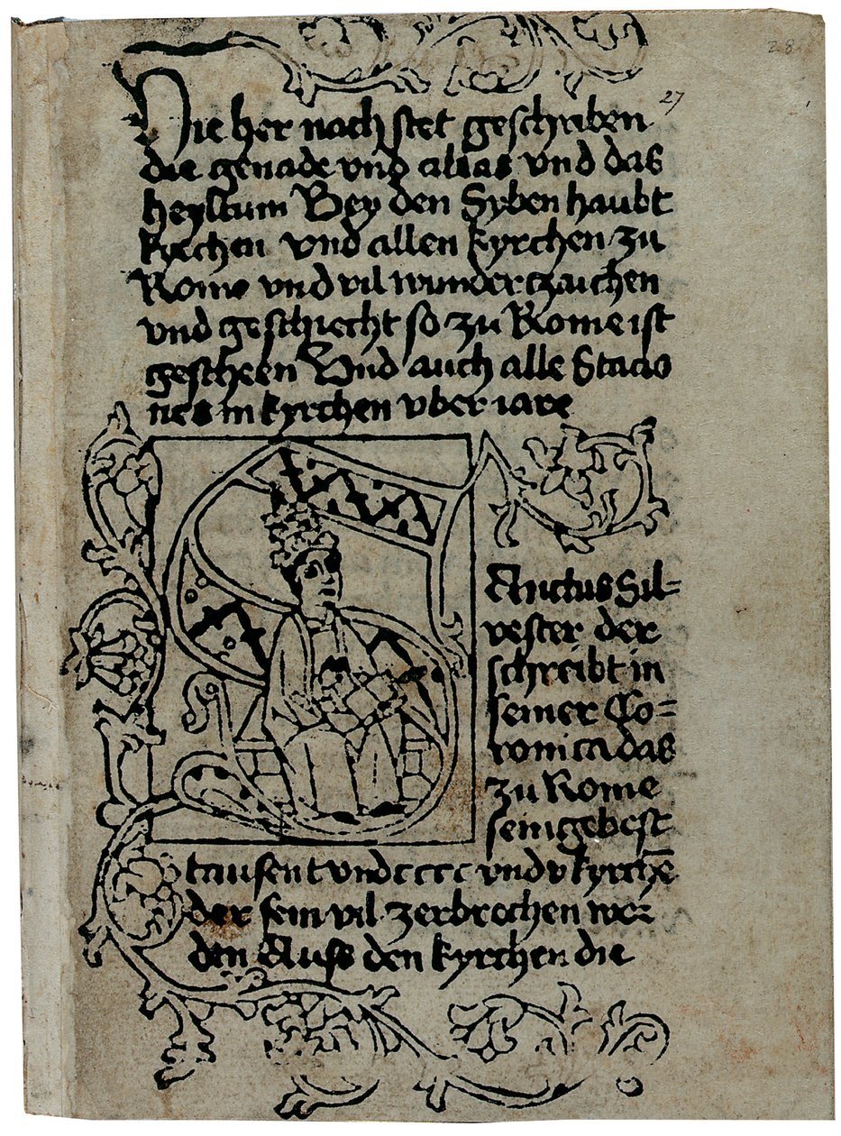 Oldal Pseudo-Aegidius Romanus „Róma mirabiliái” című művének német nyelvű másolatából, valószínűleg Ulrich Han kiadója, Róma, 1475 körül (fametszet, toll és tinta pergamenre) alkotó: German School
