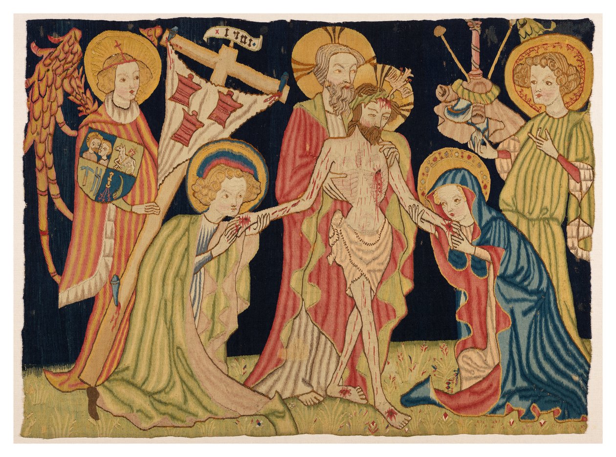 A Szentháromságot, a Szűzanyát, Szent Jánost és két angyalt ábrázoló oltár homlokzati kárpit része Nürnbergből, 1420 körül (gyapjú és lenvászon) alkotó: German School
