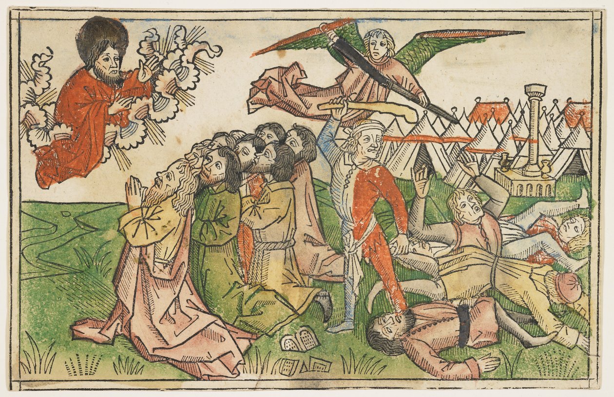Izrael népét hamis istenek imádásáért megbüntették 1478 körül, a Koberger Bibliából, Nürnberg, 1483 (kézzel színezett fametszet) alkotó: German School