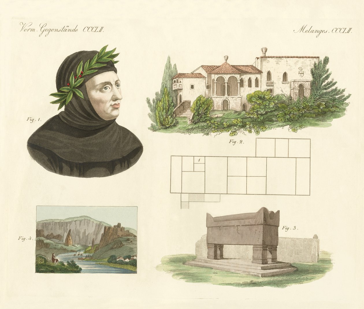 Petrarca, Arqua-i lakása, Sírja Vaucluse-i kilátással (színes metszet) alkotó: German School