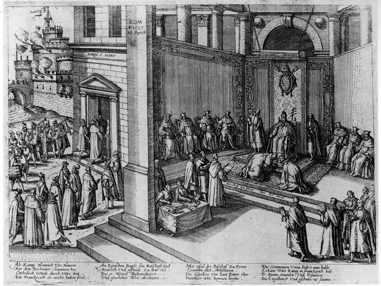 VIII. Kelemen pápa elfogadja IV. Henrik francia király beadványát St. Petersben, 1595. szeptember 23-án. alkotó: German School