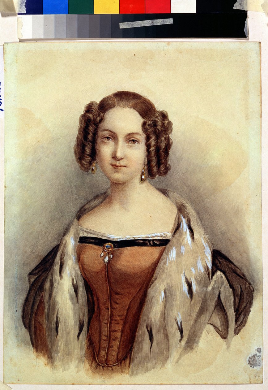 Marie hesseni és rajnai hercegnő (1824-1880) portréja, aki Oroszország császárnője lesz (Marie Hesse and Rhine hercegnő, Oroszország jövőbeli császárnője portréja). Névtelen festmény. Akvarell, papír, 39,3 x 23 cm, 1830 vége. Német művészet alkotó: German School