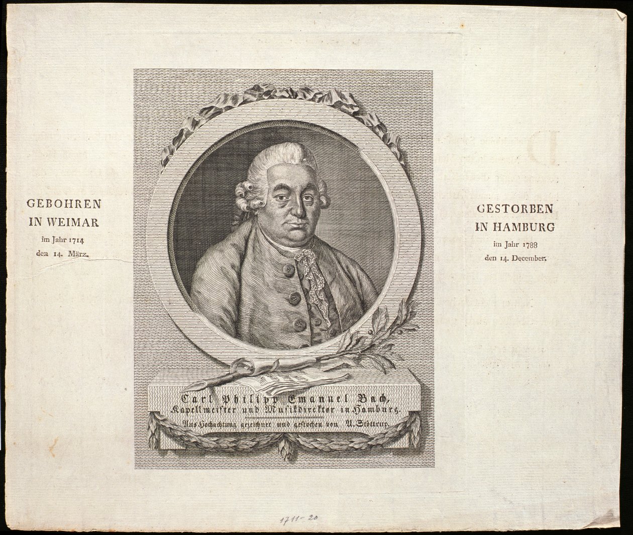 Carl Philipp Emanuel Bach (1714-88) portréja, C. D. Krohn metszete, 1788 alkotó: German School