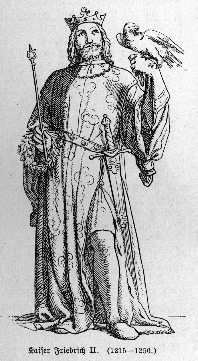 II. Hohenstaufen Frigyes (1194-1250), a Szent Római Birodalom királyának portréja. Richard Roth „Kaiser, Konig und Papft” című metszete alkotó: German School