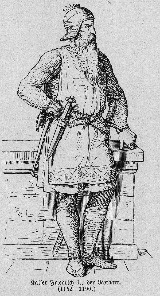 Frederic Barberousseként ismert I. Frigyes Hauhenstaufen (1122-1190), német római császár portréja. Richard Roth „Kaiser, Konig und Papft” című metszete alkotó: German School
