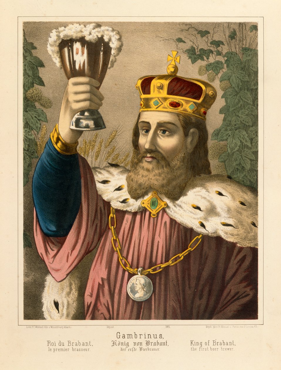 Gambrinus, Flandria legendás királyának portréja, az F.C. által kiadott képes lap. Wentzel, Weissenburg, 1870 alkotó: German School