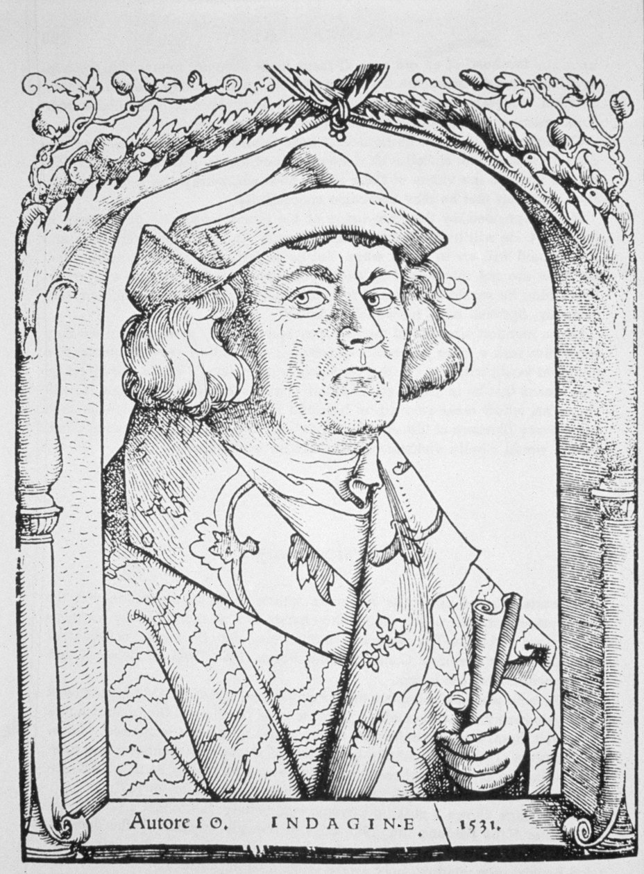 Indagine János portréja, Hans Baldung Grien nyomán, a Chiromantiából, Ioannes ab Indagine, Strasburg, 1531, illusztrálva a History of Magic című könyvben, megjelent a 19. század végén alkotó: German School