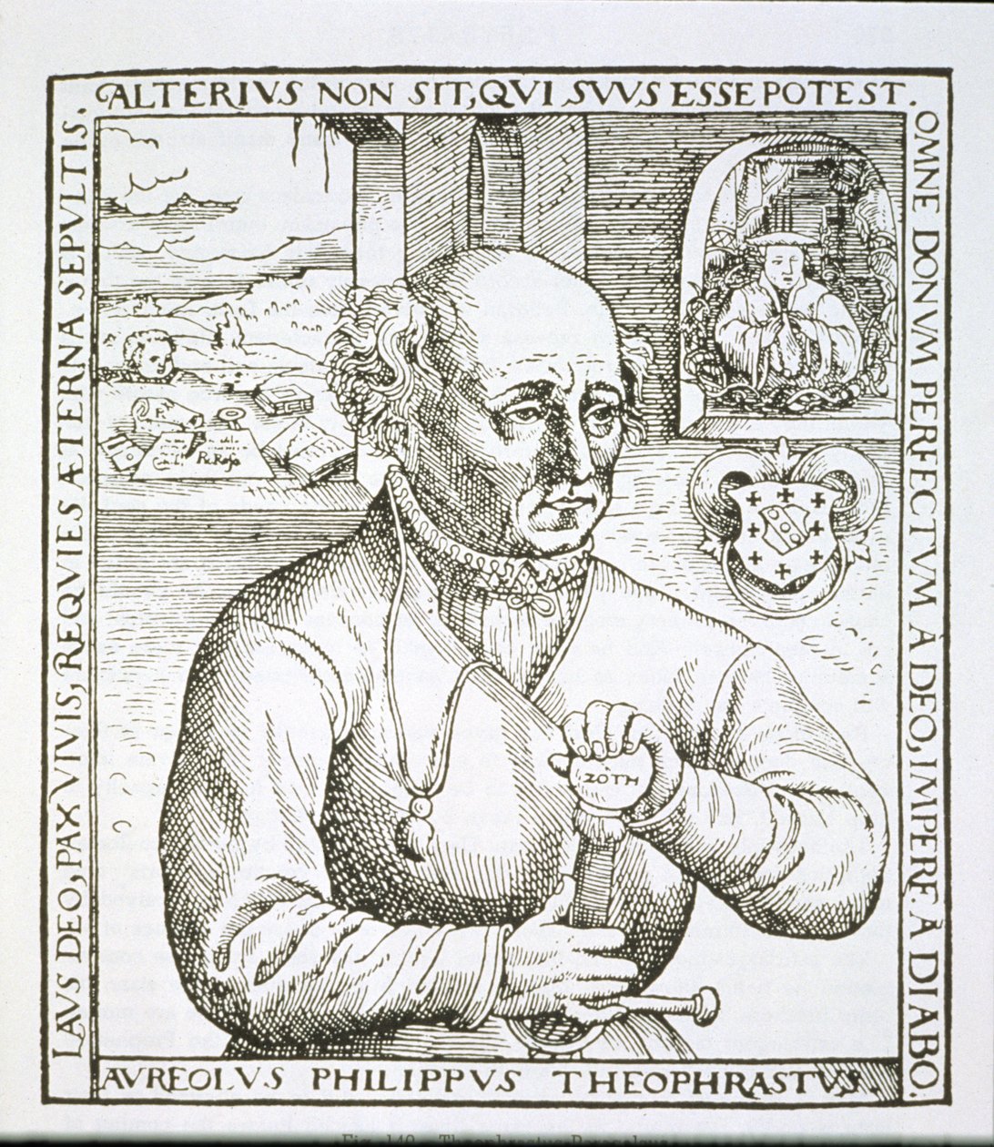 Theophrastus Paracelsus (1493-1541) portréja, Astronomica et Astrologica Pouscula, Köln, 1567 című könyvének illusztrációjának másolata, a 19. század végén megjelent mágiatörténetben használt (woodc) alkotó: German School