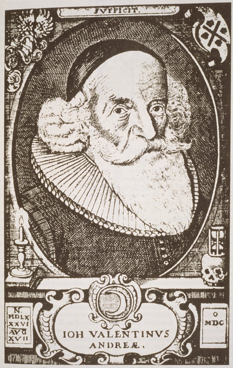 Valentine Andreae (1568-1643) portréja, egy német metszet másolata, amelyet a History of Magic című könyvben illusztráltak, megjelent a 19. század végén. alkotó: German School