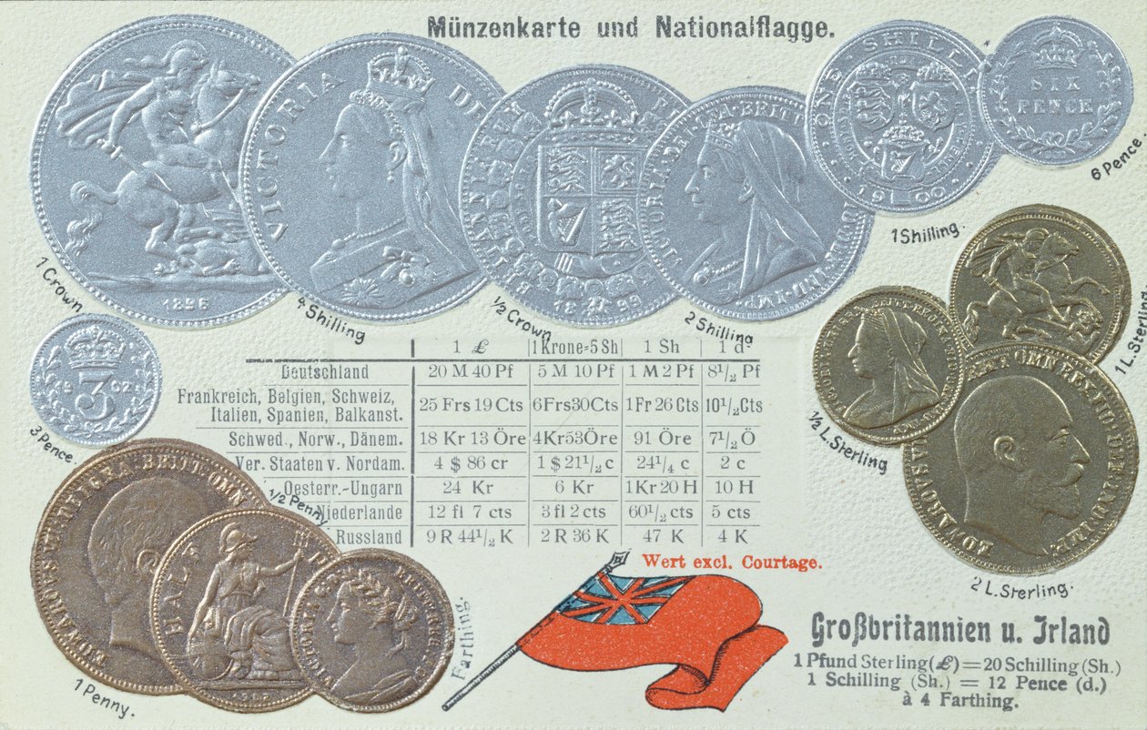 Brit valutát és más európai pénzben kifejezett megfelelőit ábrázoló képeslap, 1905 körül alkotó: German School