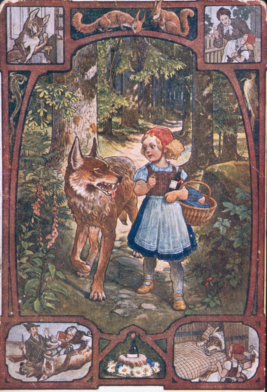 Képeslap, amely a Piroska jeleneteit ábrázolja, 1910 körül alkotó: German School