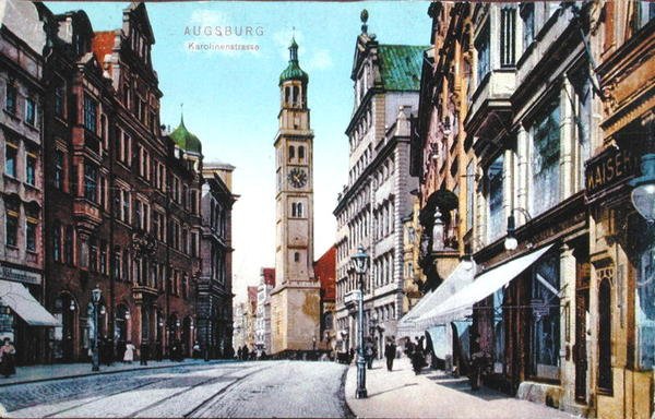Az augsburgi Karolinenstrasse-t ábrázoló képeslap, 1910 körül (színes fotó) alkotó: German School